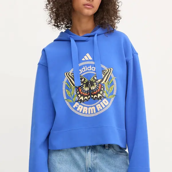 Mikina adidas x Farm Rio dámská, modrá barva, s kapucí, s potiskem, JL8608