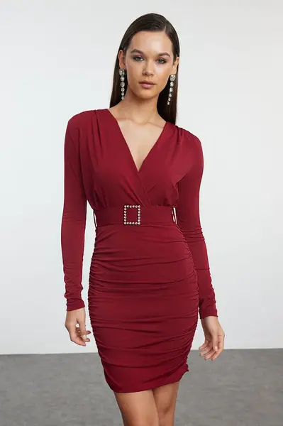 Trendyol Burgundy Burgundy Belt Detailed Knitted Short Elegant Evening Dress