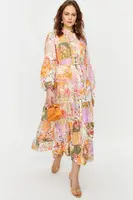 Trendyol vícebarevné šaty s květinovým vzorem, lněným vzhledem a páskem