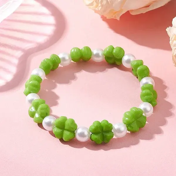 Clover Acrylic & Imitated Pearl Beaded Stretch Bracelets for Girl