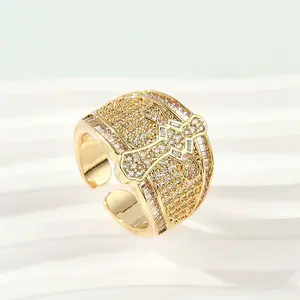 Brass Micro Pave Clear Cubic Zirconia Open Cuff Rings for Women