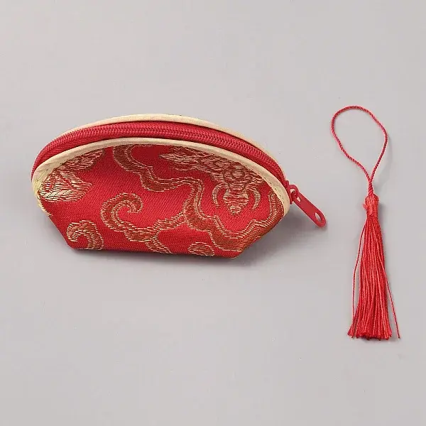 Chinese Style Cloth Coin Purses Zipper Wallets with Nylon Tassel