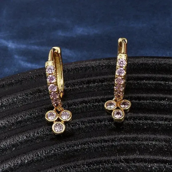 Three-Clover Brass Micro Pave Cubic Zirconia Hoop Earrings