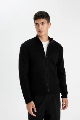 DEFACTO Black Standard Fit Regular Cut Stand Collar Zippered Knitwear Cardigan