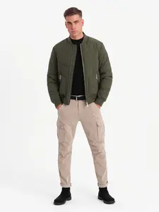 Ombre Men's quilted bomber jacket with metal zippers - dark olive green