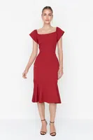 Trendyol Claret Red Tall Flounce Midi tkané šaty