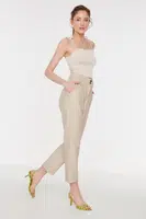 Trendyol Stone Cigarette Woven Faux Leather Trousers