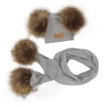 Z&Z Zimní čepice s bambulemi z kožešinky a šálou 2V1, šedá