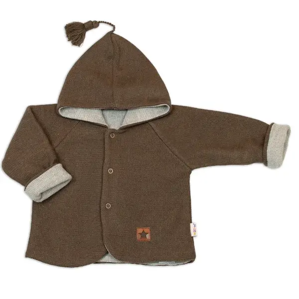 Baby Nellys Pletený  kabátek/bundička s kapucí Star, oboustranný - hnědý, béžový, vel. 62