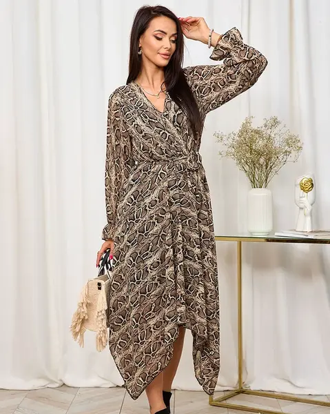 Resti Royalfasion Dark brown women's long dress with fashionable print