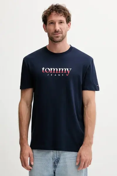 Bavlněné tričko Tommy Jeans pánské, tmavomodrá barva, s potiskem, DM0DM21978