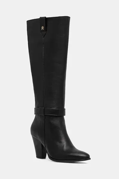 Kožené kozačky Tommy Hilfiger TH T-STRAP LTHR POINTY LONG BOOT dámské, černá barva, na podpatku, FW0FW08982