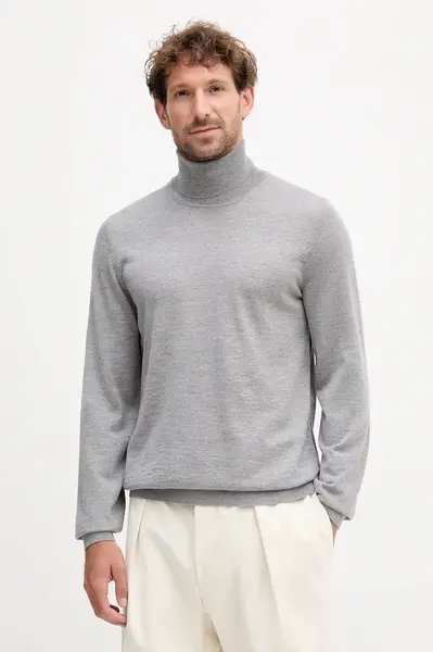 Vlněný svetr BOSS Musso-P pánský, šedá barva, s golfem, 50468262