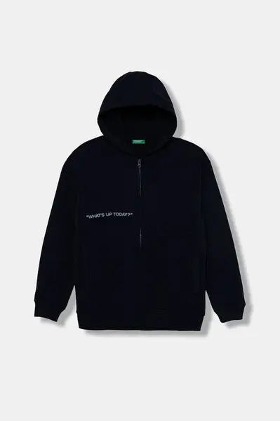 Dětská bavlněná mikina United Colors of Benetton tmavomodrá barva, s kapucí, s potiskem, 3J68C505G