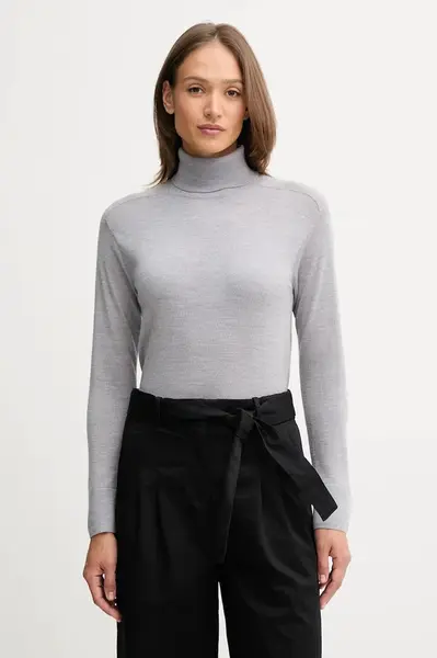 Vlněný svetr United Colors of Benetton dámský, šedá barva, s golfem, 11AHD203Y