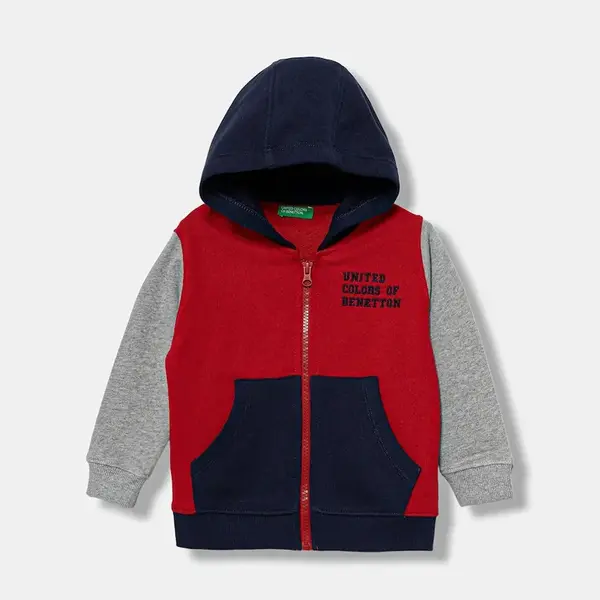 Dětská bavlněná mikina United Colors of Benetton červená barva, s kapucí, hladká, 3J68G503V