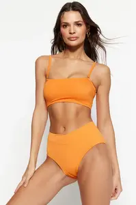 Trendyol Orange V-Cut Textured High Waist Regular Leg Bikini Bottom