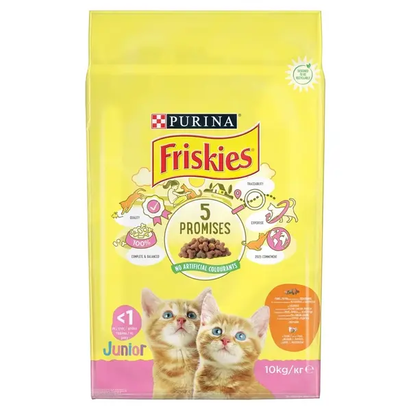 Friskies Junior suché krmivo pre mačky - s kuracím mäsom, mliekom a pridanou zeleninou ​ 10 kg