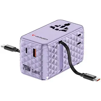 Verbatim 30188, Cestovní adaptér univerzální Charge ,n, Travel 1x USB-C, 1X USB-A + 2x integrovaný kabel USB-C, fialová, 70 W