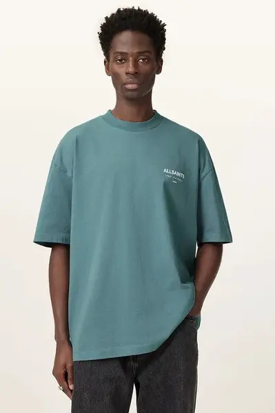 Bavlněné tričko AllSaints UNDERGROUND modrá barva, s potiskem, M071PB