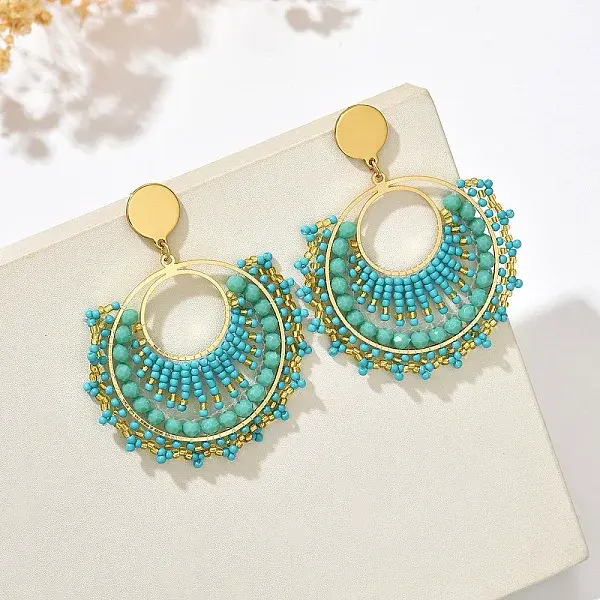 Flat Round 304 Stainless Steel Glass Seed Beads Dangle Stud Earrings