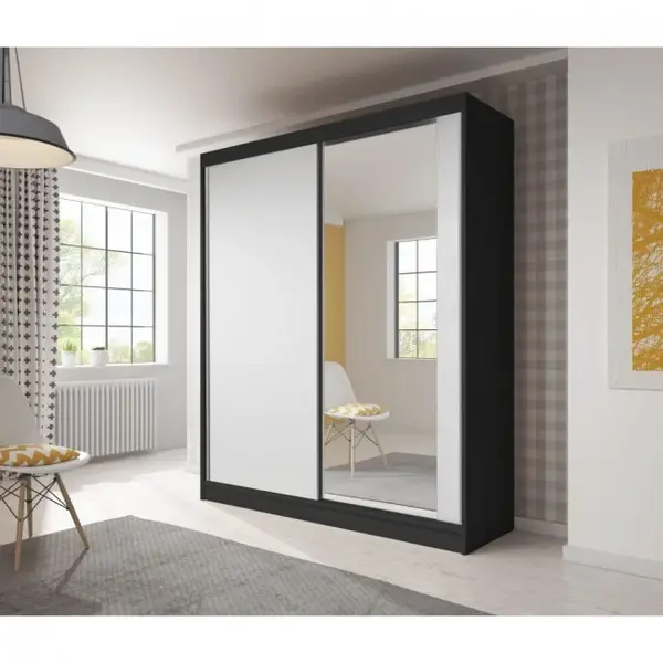 Šatní skříň Bella 03 Barva korpusu: Černá, Dveře: Bílá mat / zrcadlo