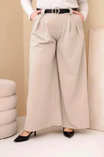 Kesi Włoski Dámské kalhoty Plus Size viskózové s širokou nohavicí a páskem béžové