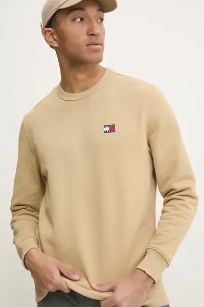 Bavlněná mikina Tommy Jeans pánská, béžová barva, s aplikací, DM0DM20660