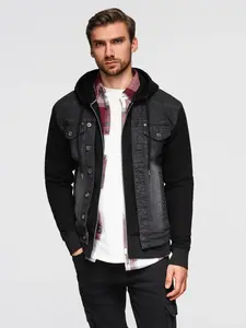 Ombre Men's denim jacket with knitted sleeves and hood - black