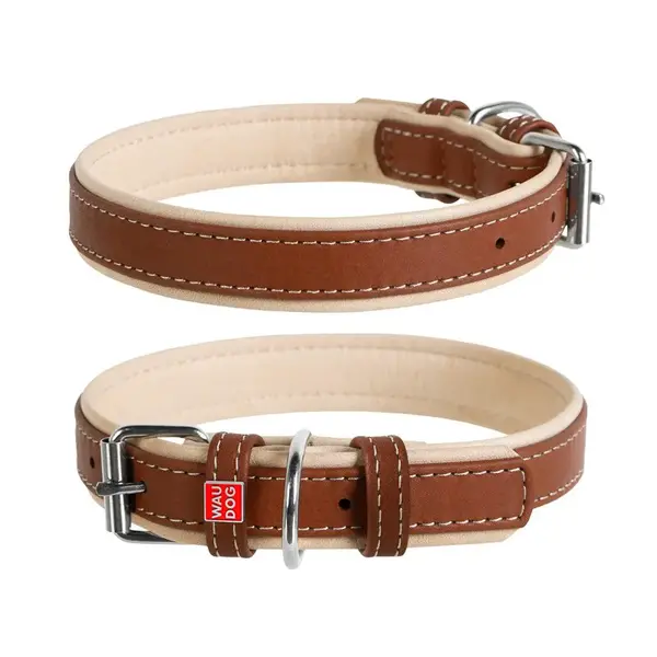 Plochý kožený obojok Soft hnedo béžový, Obvod krku: 27-36cm, šírka: 15mm