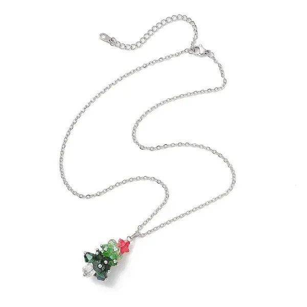 Glass Beaded Star Christmas Tree Pendant 304 Stainless Steel Cable Chain Necklaces