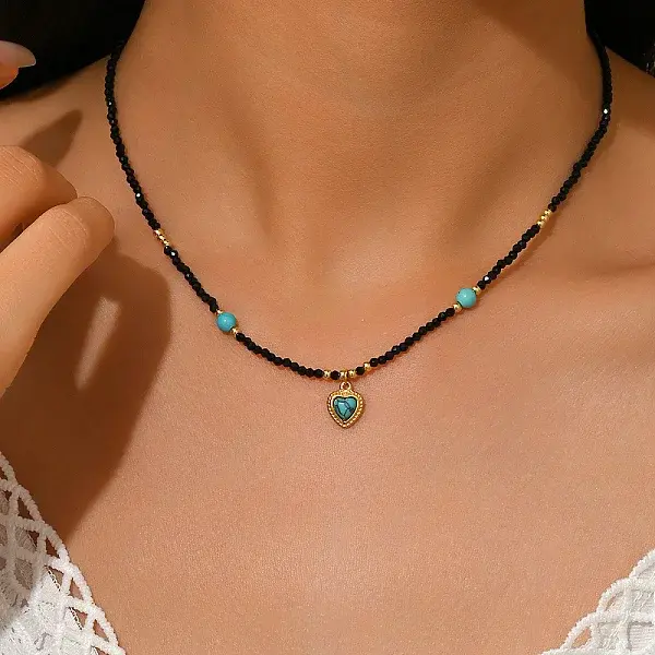 Vintage Stainless Steel Pave Synthetic Turquoise Heart Pendant Glass Faceted Round Beaded Necklaces for Women