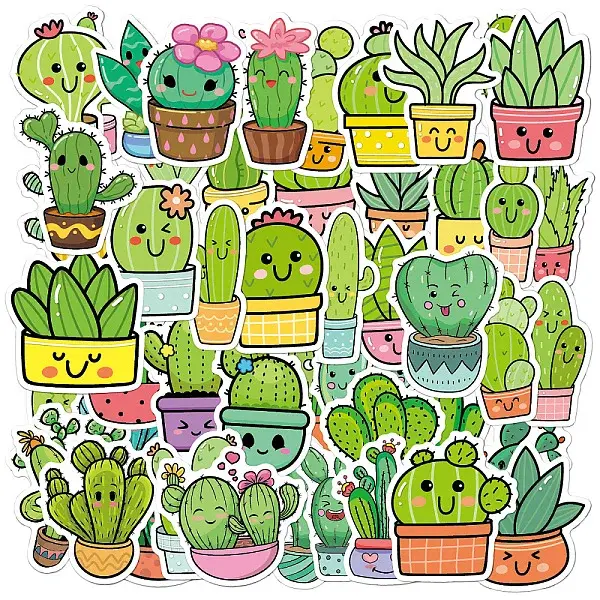 50Pcs PVC Self-Adhesive Cactus Stickers
