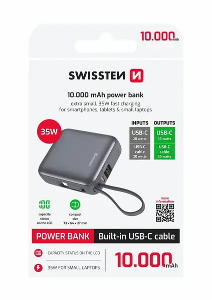 SWISSTEN POWER BANK SPACE 10000 mAh, 35W S INTEGROVANÝM KABELEM USB-C STŘÍBRNÁ