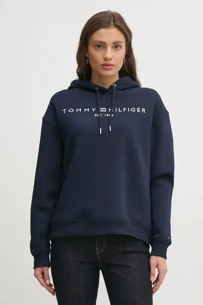 Mikina Tommy Hilfiger dámská, tmavomodrá barva, s kapucí, s aplikací, WW0WW43598