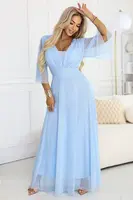 Dlhé trblietavé plus size šaty s výstrihom a priehľadnými rukávmi