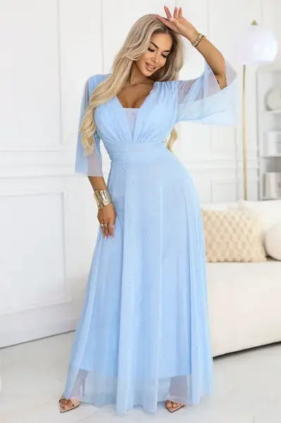 Dlhé trblietavé plus size šaty s výstrihom a priehľadnými rukávmi