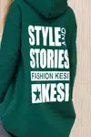Padded sweatshirt with a long back and hood dark green