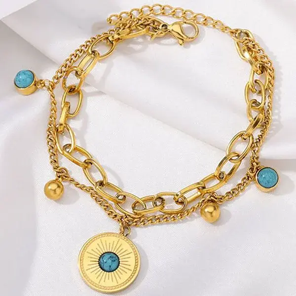 304 Stainless Steel Synthetic Turquoise Beads Double Layers Bracelets