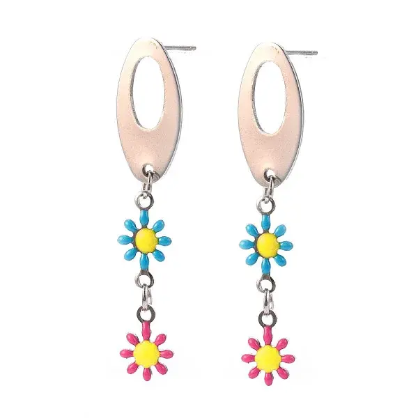 Oval with Flower Enamel Long Dangle Stud Earrings