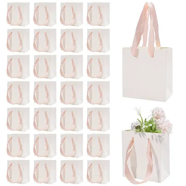 30Pcs Paper Gift Tote Bags with Pink Ribbon