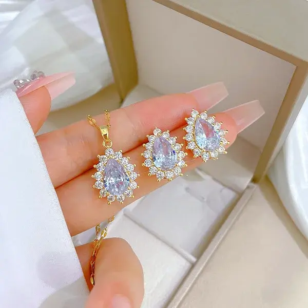 Brass Micro Pave Cubic Zirconia Pendant Necklace & Stud Earrings