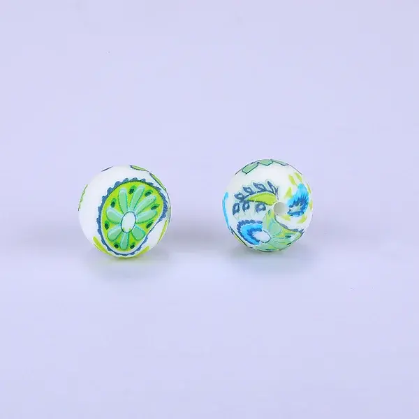 Printed Round with kiwi Pattern Silicone Focal Beads