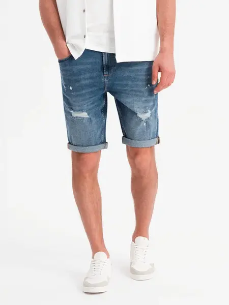 Ombre Men's short denim shorts with rubbing and rolled up leg - blue