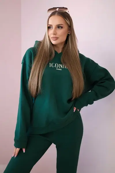 Zateplený bavlněný komplet, mikina s výšivkou + kalhoty zelené