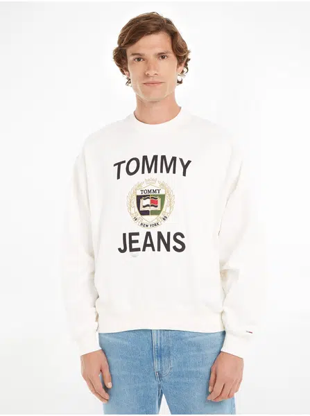 Bílá pánská mikina Tommy Jeans Boxy Luxe Cre - Pánské