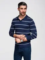 Ombre Men's horizontal striped polo longsleeve with viscose - navy blue and white