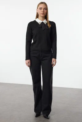 Trendyol Black Soft Textured Garnished Ribbon/Bow Detailed Stone Knitted Sweater