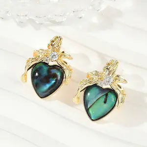 Heart Brass Abalone Shell & Clear Cubic Zirconia Stud Earrings