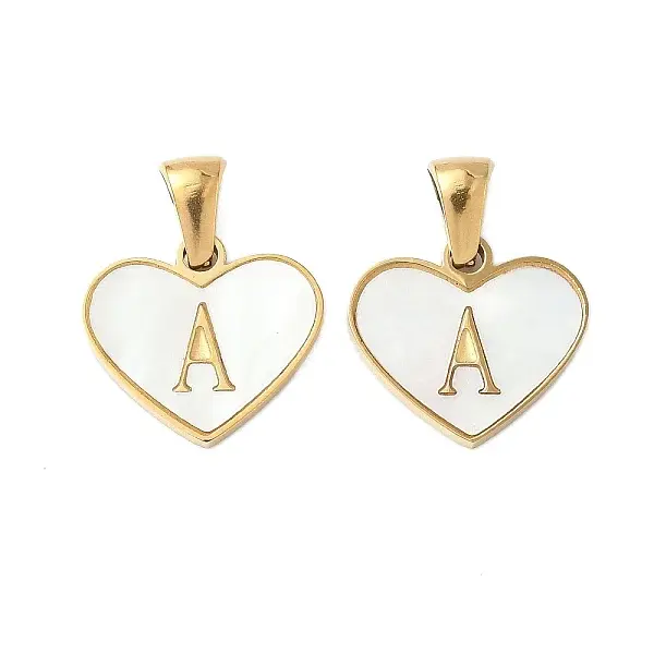 304 Stainless Steel Pave Natural White Shell Heart with Initial Slice Pendants